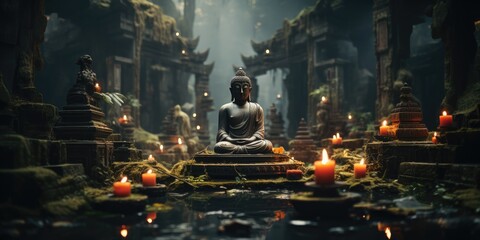 Buddha sculpture,India temple background, generative AI - obrazy, fototapety, plakaty