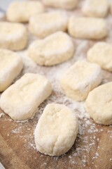 Fototapeta na wymiar Making lazy dumplings. Cut dough and flour on wooden board, closeup