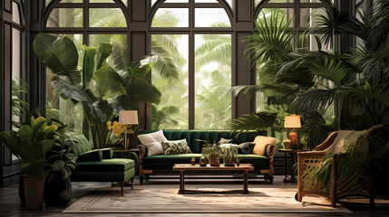Tropical Living Room with Green Plants and Leafy Patterns - obrazy, fototapety, plakaty