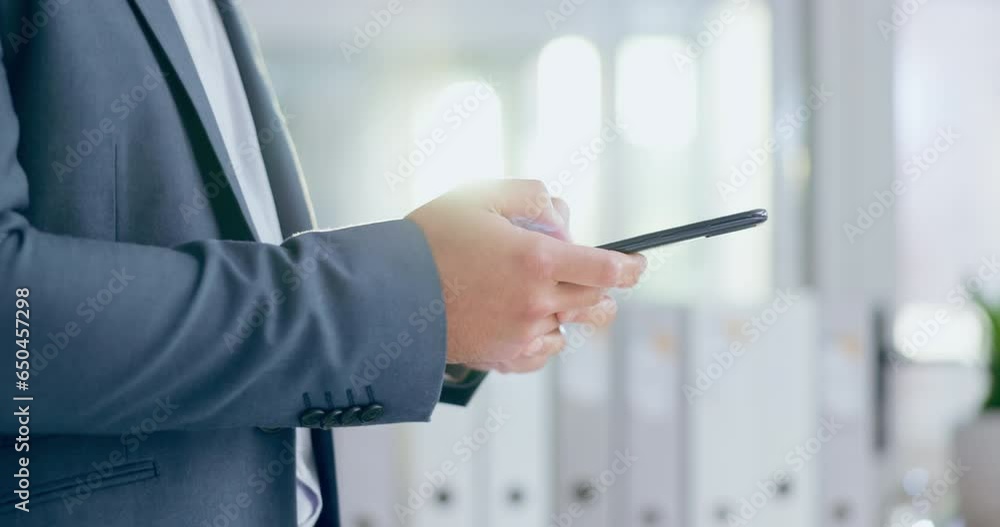 Poster Business man, hands typing and phone networking in a office with text for working. Company, professional and mobile contact with social media scroll and message on a website and app at workplace