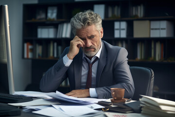Desperate or sad middle aged businessman sitting pensively behind his desk in the office with a lot of documents on the desk.generative ai
 - obrazy, fototapety, plakaty