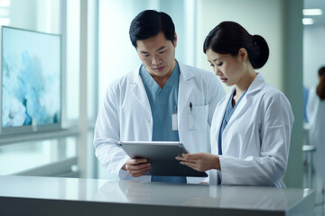 Portrait of Asian young doctors standing together. Portrait Of Medical Staff Inside Modern Hospital Discussing Results Or Diagnosis.generative ai

