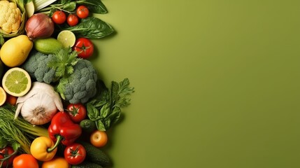 Naklejka na ściany i meble Fresh vegetables background with copy space, World vegan day concept, Generative ai