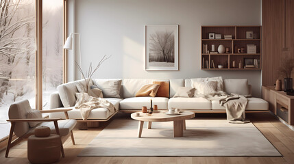 Fototapeta na wymiar Scandinavian Living Room with Neutral Tones and Wooden Furniture