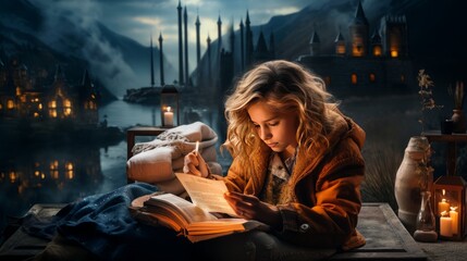 Female student reading book. Background of old historical buildings and castle. Made with Generative AI.	