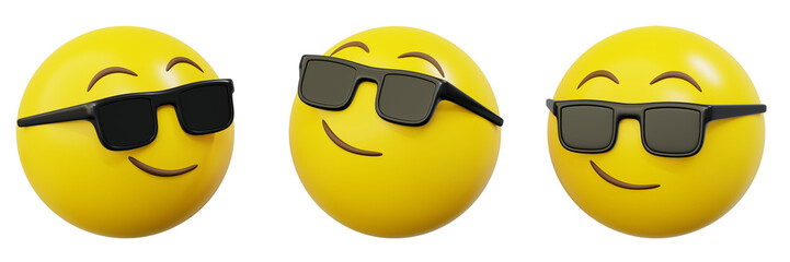 3d Emoticon or Smiley smirking cool with sunglasses yellow ball emoji - obrazy, fototapety, plakaty