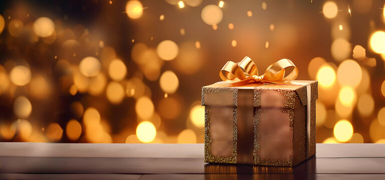 There is a golden gift on the table. Present. Golden bokeh. Christmas. Birthday. Congratulation. Banner. Copy space. AI created. Edited in Photoshop.