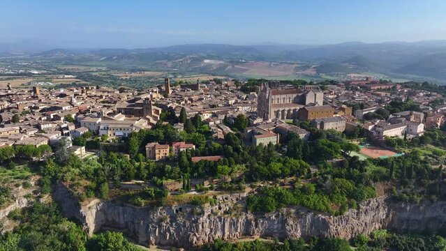 Orvieto historical hilltop Old town, aerial view of the medieval walls and towers of the city, Umbria, Italy