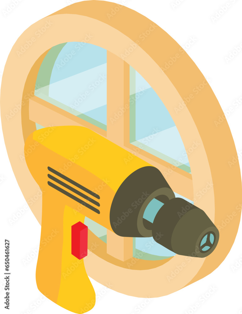 Poster carpenter tool icon isometric vector. modern cordless drill and round window. repair and constructio