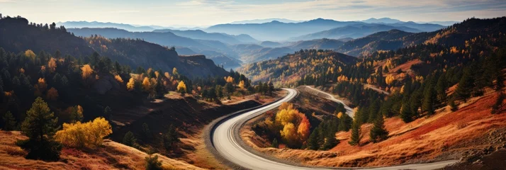 Foto op Canvas top view of a winding road in the mountains with trees in the foreground, generative AI © VALUEINVESTOR