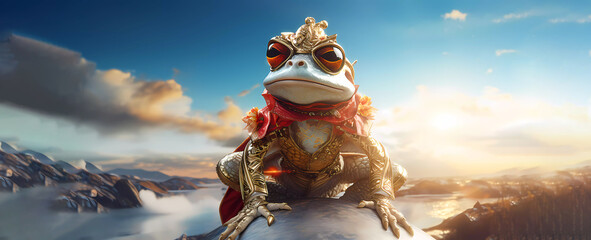 Golden frog. Banner. Wallpaper. Copy space. Generated AI.