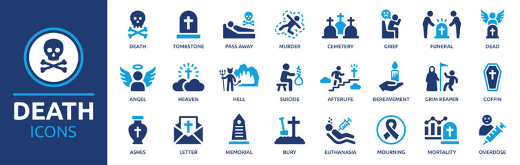 Death icon set. Containing tombstone, cemetery, dead, funeral, hell, pass away, murder, angel, coffin and ashes icons. Solid icon collection. Vector illustration. - obrazy, fototapety, plakaty