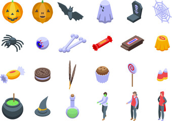 Trick-or-treat icons set isometric vector. Happy party. Treat costume