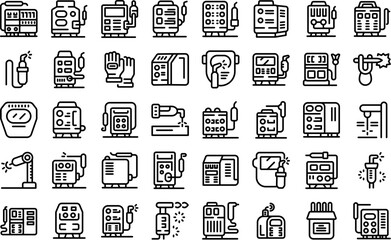 Welding machine icons set outline vector. Cable material. Factory industry