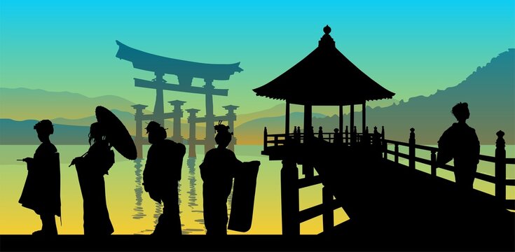 silueta, mujer, asia, asiatica, paraguas, japonesas, chinas, cultura, kimono