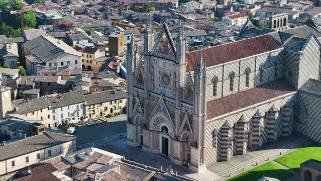 Aerial view of the Cathedral of Orvieto or Duomo di Orvieto, Umbria, Italy
