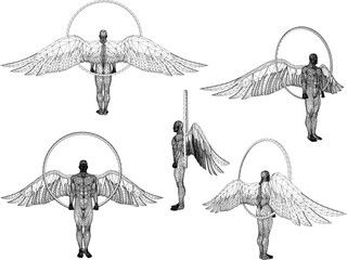 Vector sketch illustration of angel statue design with wings and ring of death