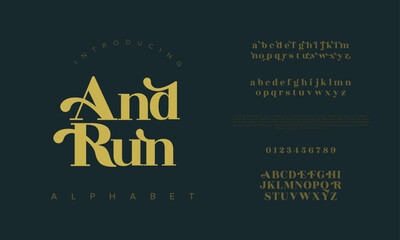 Andrun premium luxury elegant alphabet letters and numbers. Elegant wedding typography classic serif font decorative vintage retro. Creative vector illustration