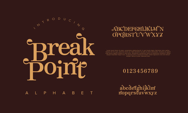 Breakpoint premium luxury elegant alphabet letters and numbers. Elegant wedding typography classic serif font decorative vintage retro. Creative vector illustration