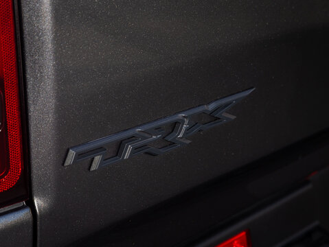 Novosibirsk, Russia - September 11  , 2023:   Dodge Ram Trx, close-up of the TRX logo exclusive
