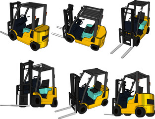 Vector sketch illustration of car design, heavy equipment forklift for lifting goods
