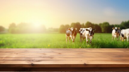 Empty wooden table top with blurred cow farm and daylight background.