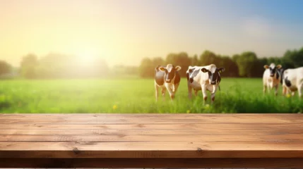 Poster Empty wooden table top with blurred cow farm and daylight background. © morepiixel