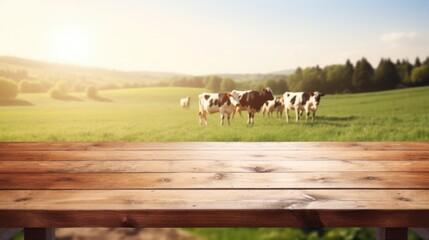 Empty wooden table top with blurred cow farm and daylight background. - obrazy, fototapety, plakaty