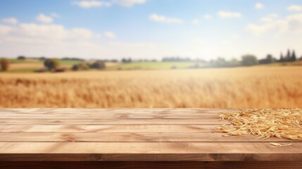 Empty wooden table top with blurred farm and daylight background.
