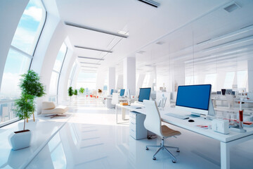 Fototapeta na wymiar Natural beautiful lighting of white modern office in simple company for business. Business concept for work and meetings.