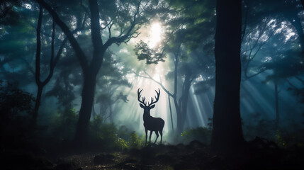 silhouette of male deer in the dreamy deep forest in the misty morning, giant trees, river, reflection, ray of light, dramatic light and shadows, hyper realistic photo.