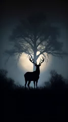 Poster silhouette of male deer in the dreamy deep forest in the misty morning, giant trees, river, reflection, ray of light, dramatic light and shadows, hyper realistic photo. © Maizal