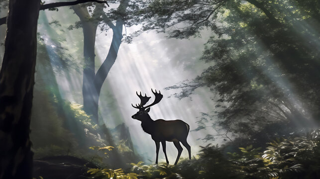 silhouette of male deer in the dreamy deep forest in the misty morning, giant trees, river, reflection, ray of light, dramatic light and shadows, hyper realistic photo.