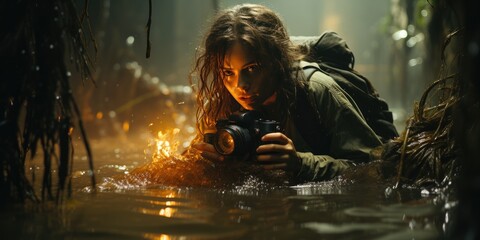 a woman is holding up a camera in the water, in the style of explosive wildlife, generative AI - obrazy, fototapety, plakaty