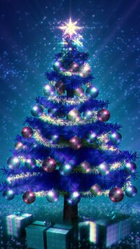Magical blue Christmas tree loop. Vertical video.