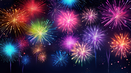 Fototapeta premium Abstract new year background with colorful fireworks and christmas lights. Generative Ai