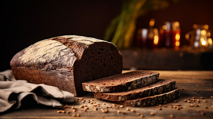Dark brown, rustic pumpernickel bread. Coarse texture, earthy aroma, and a hint of sweetness. It's hearty and perfect with spreads. - obrazy, fototapety, plakaty