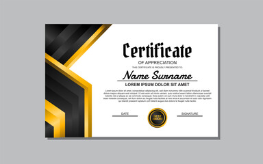 A certificate template featuring an elegant gold and black design. Suitable for creating professional certificates for awards, achievements, and recognition in various industries.