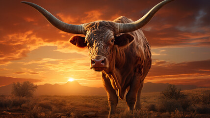 Texas longhorn steer at sunset abstract painting	
 - obrazy, fototapety, plakaty