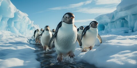 a group of penguins walking across the snow outside antarctica, generative AI - obrazy, fototapety, plakaty