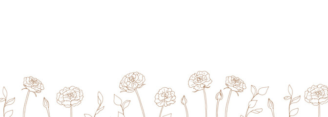薔薇の花の線画イラスト。薔薇の線画ベクター手描きイラスト。白背景植物イラスト。Line drawing illustration of rose flower. Line drawing vector hand-drawn illustration of rose. White background plant illustration.