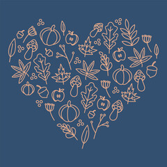 Fall heart graphic. Various Fall leaves and nature objects arranged in a heart.