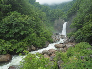 大量の水の流れる大きな滝と渓谷