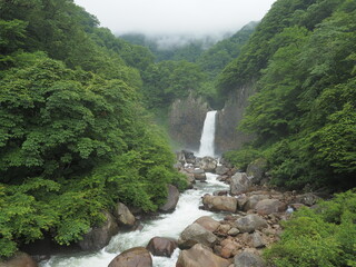 大量の水の流れる大きな滝と渓谷