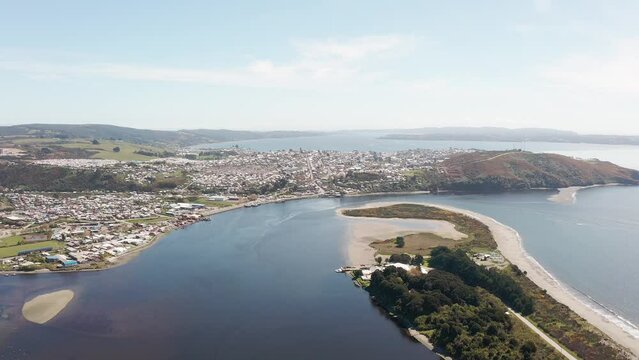 Aerial view of Ancud and Rio Pudeto, Chiloe Island, Chile