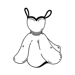 Beautiful wedding dress with spaghetti straps, vector icon. Festive sundress in the style of the 60s with a full skirt. Cute clothes for women. For marriage, date, party. Doodle isolated on white