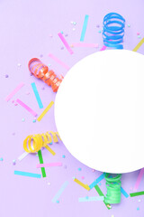 Blank card with serpentine and confetti on lilac background