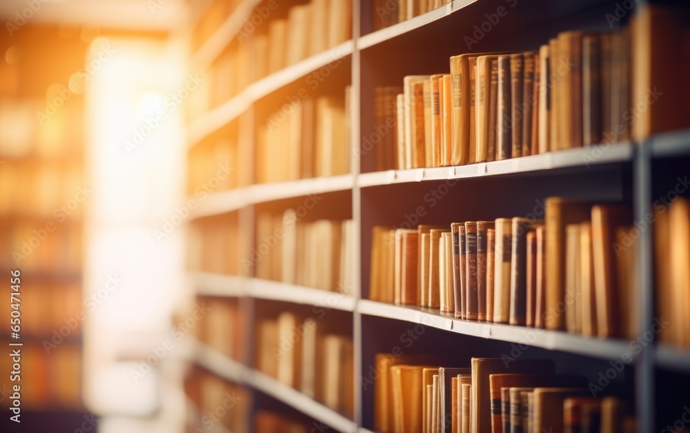 Poster a bookshelf filled with lots of books in a library. generative ai.