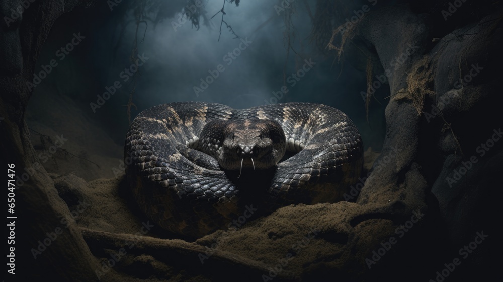 Poster a large snake curled up in a cave. generative ai.