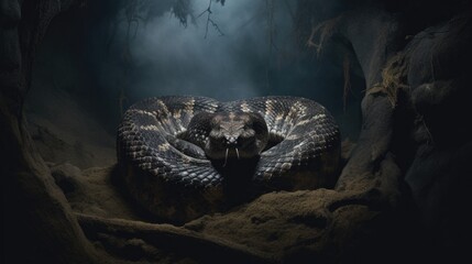 A large snake curled up in a cave. Generative AI. - obrazy, fototapety, plakaty
